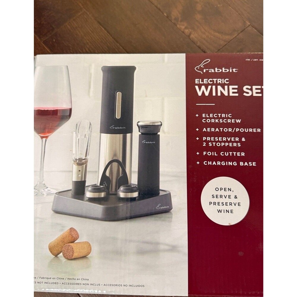 Rabbit Electric Wine Opener Set Corkscrew Aerator Stoppers Charger NIB